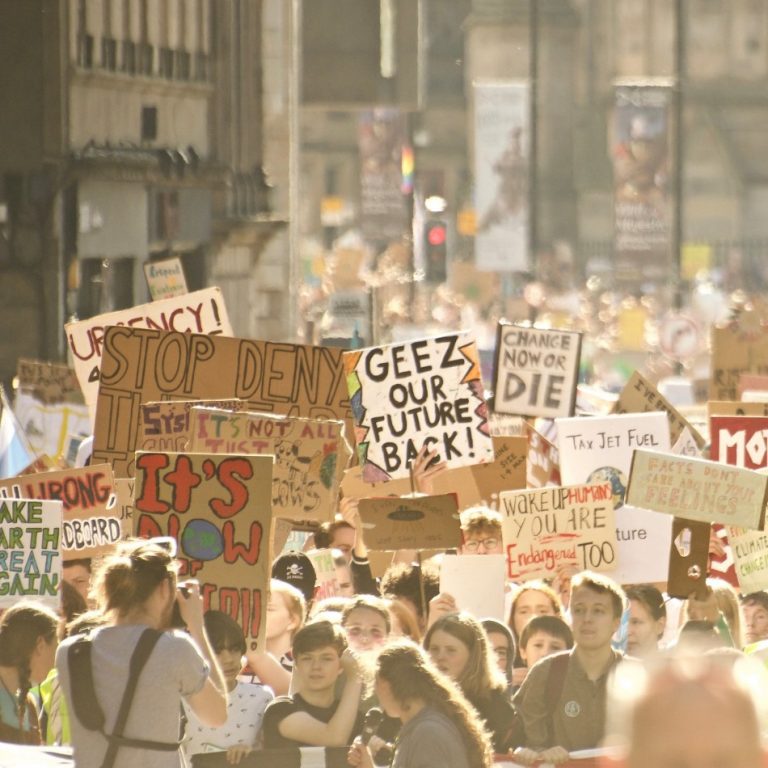 A hazy photo of a large crowd of protesters at a rally organised by climate strikers.